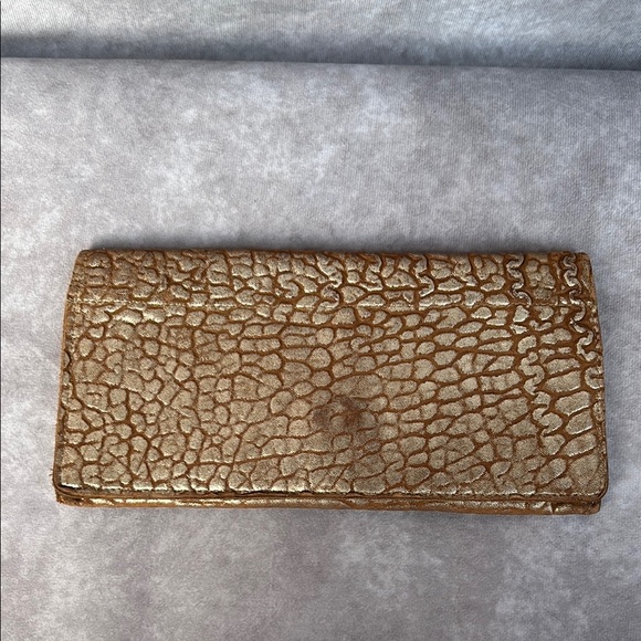 Vintage Satchel Wallet Clutch Elegant Gold & Brown Textured Clutch Leather - Picture 1 of 12